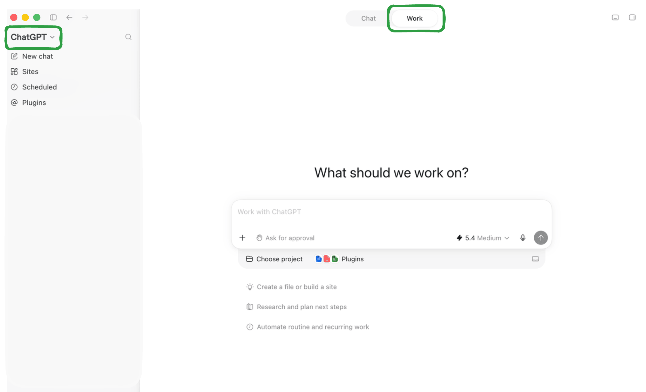 מעבר בין מצב Chat למצב Work