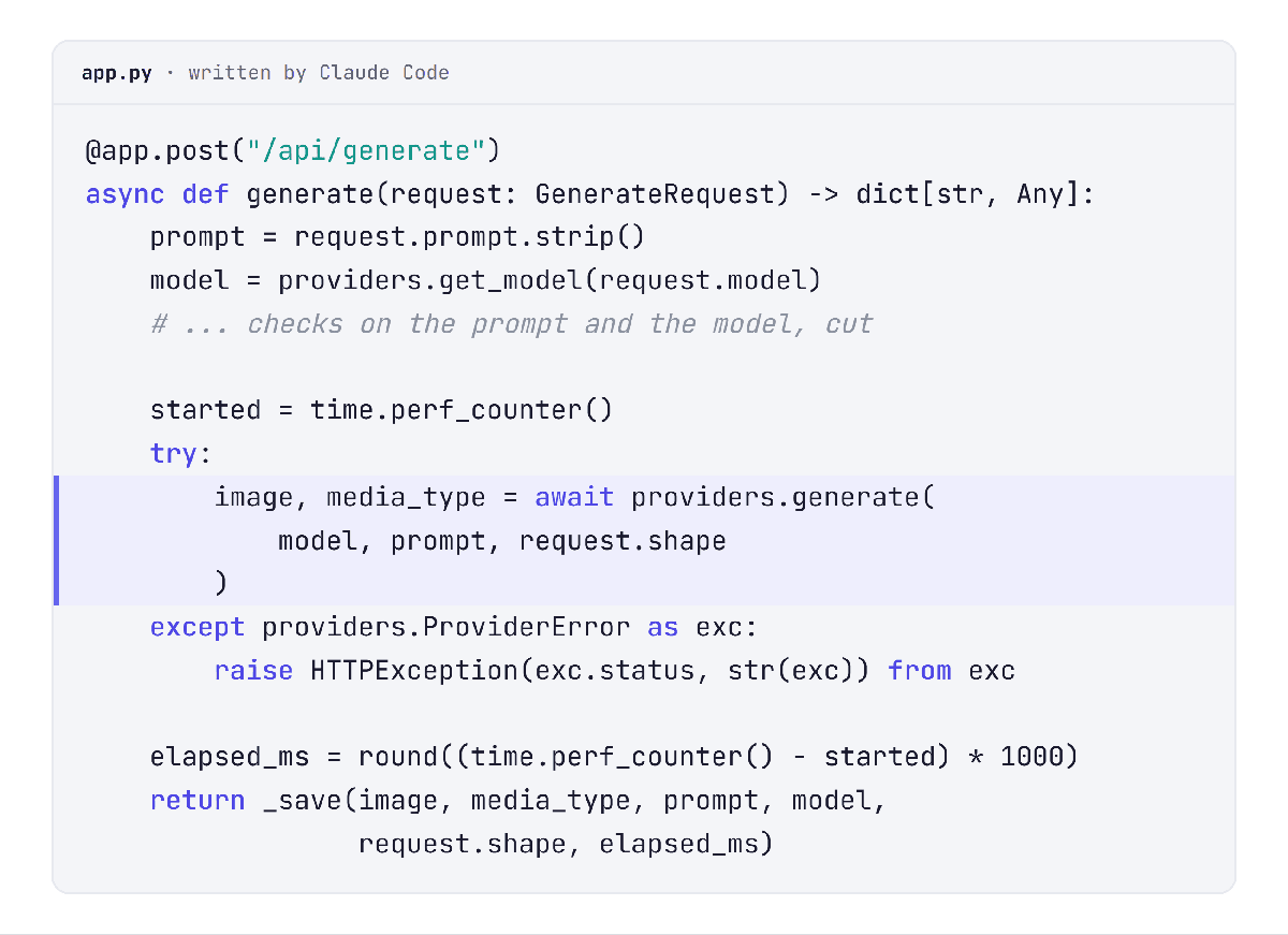 הקוד ש-Claude Code יצר: await providers.generate בתוך בקשת ה-HTTP
