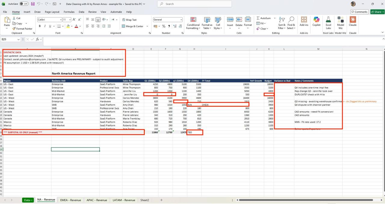Excel לפני ניקוי